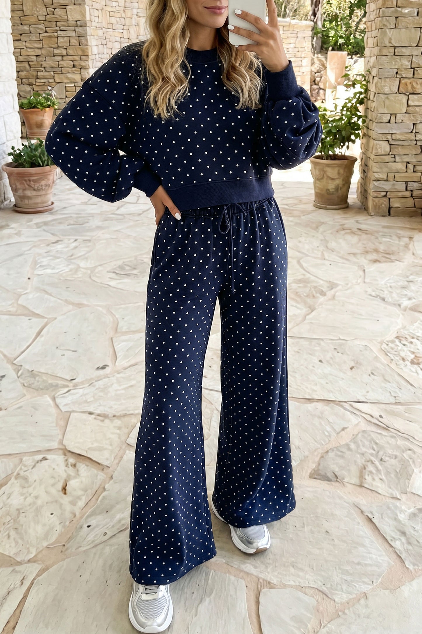 Brown Polka Dot Drawstring Wide Leg Long Sleeve Top Pant Set