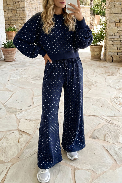 Brown Polka Dot Drawstring Wide Leg Long Sleeve Top Pant Set