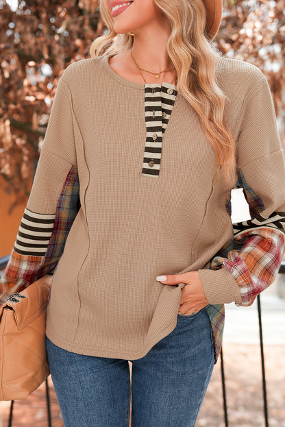 Beige Waffle Stripe Plaid Patchwork Henley Top