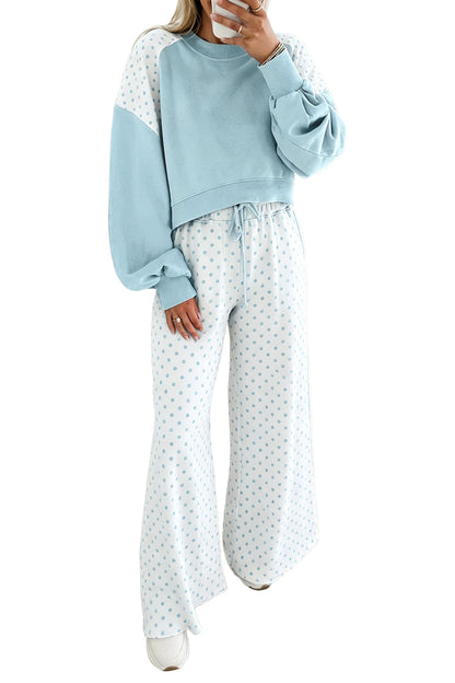 Khaki Polka Dot Patchwork Colorblock Long Sleeve Casual Two Piece Pants Set