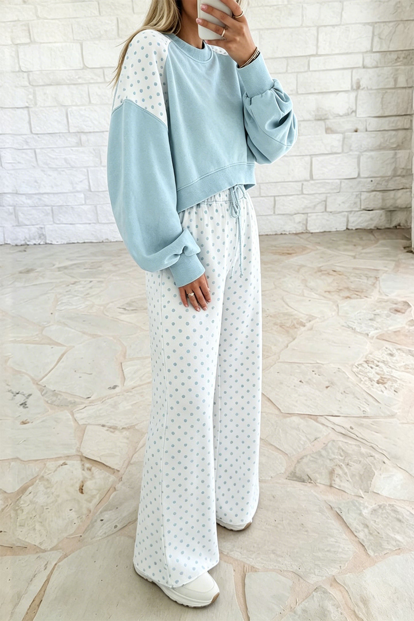 Khaki Polka Dot Patchwork Colorblock Long Sleeve Casual Two Piece Pants Set