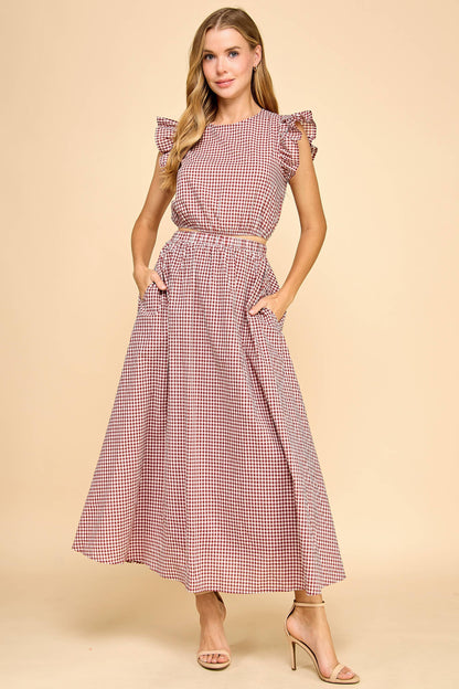 Gingham Ruffle Cap Sleeves Cropped Top