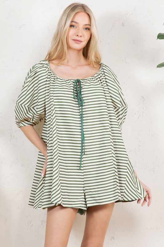 Striped Swing Romper – Puff Sleeve Tie Front