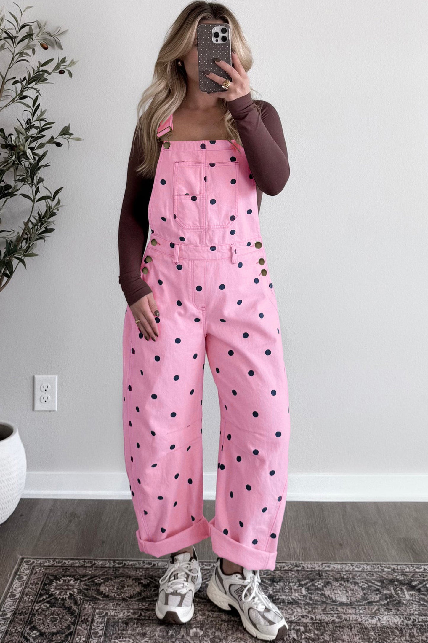 Phalaenopsis Polka Dot Print Bib Pocket Denim Barrel Overalls Jumpsuit