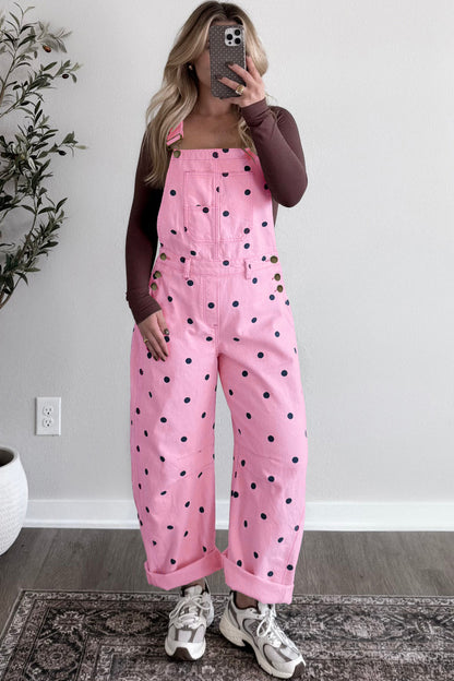Phalaenopsis Polka Dot Print Bib Pocket Denim Barrel Overalls Jumpsuit