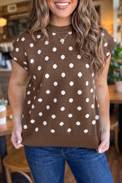 Brown Dolman Short Sleeve Round Neck Polka Dot Sweater