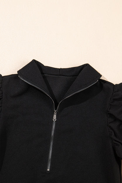 Black Textured Ruffle Sleeve Zipped Top and Wide Leg Pants Set