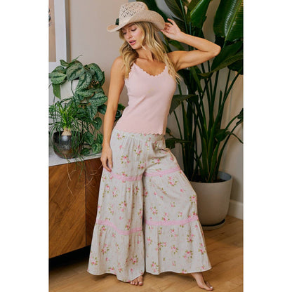 BIBI ROSE PRINTED GAUZE TRIM DETAIL SMOCKED MAXI PANTS