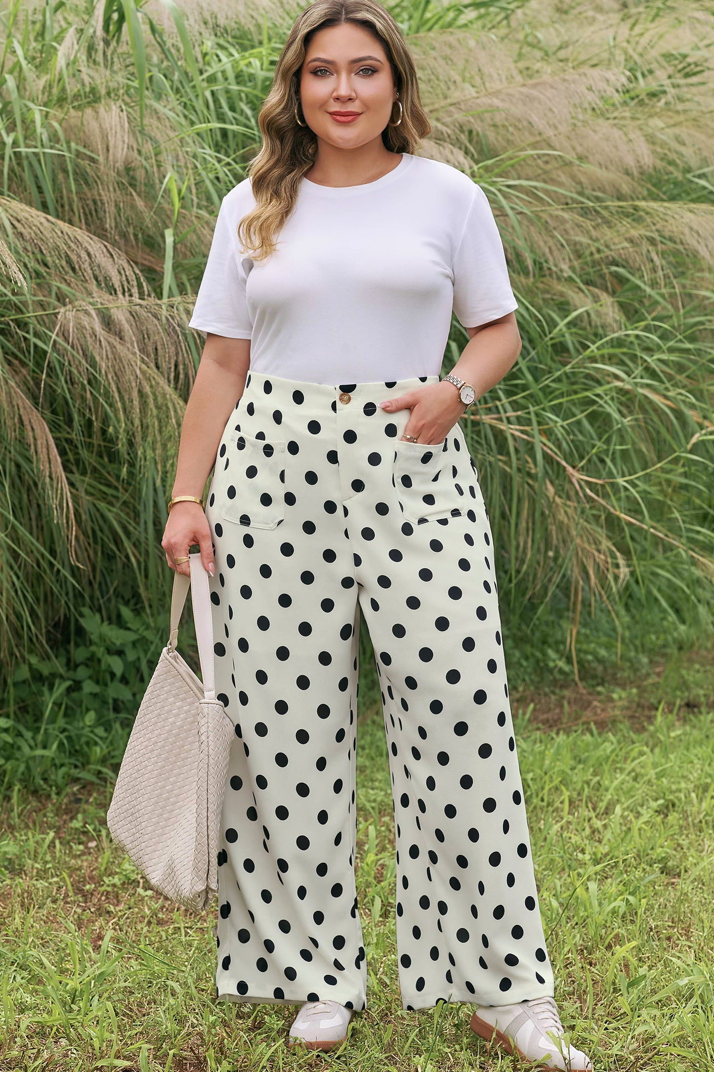 White Plus Size Polka Dot Print Patch Pocket Womens Shift Pants