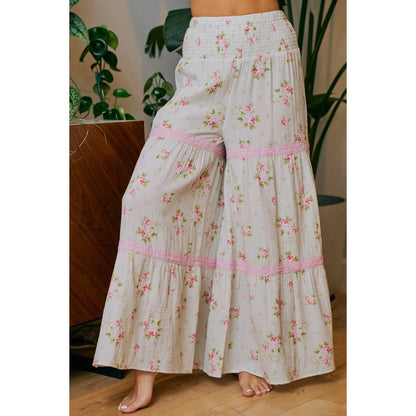 BIBI ROSE PRINTED GAUZE TRIM DETAIL SMOCKED MAXI PANTS