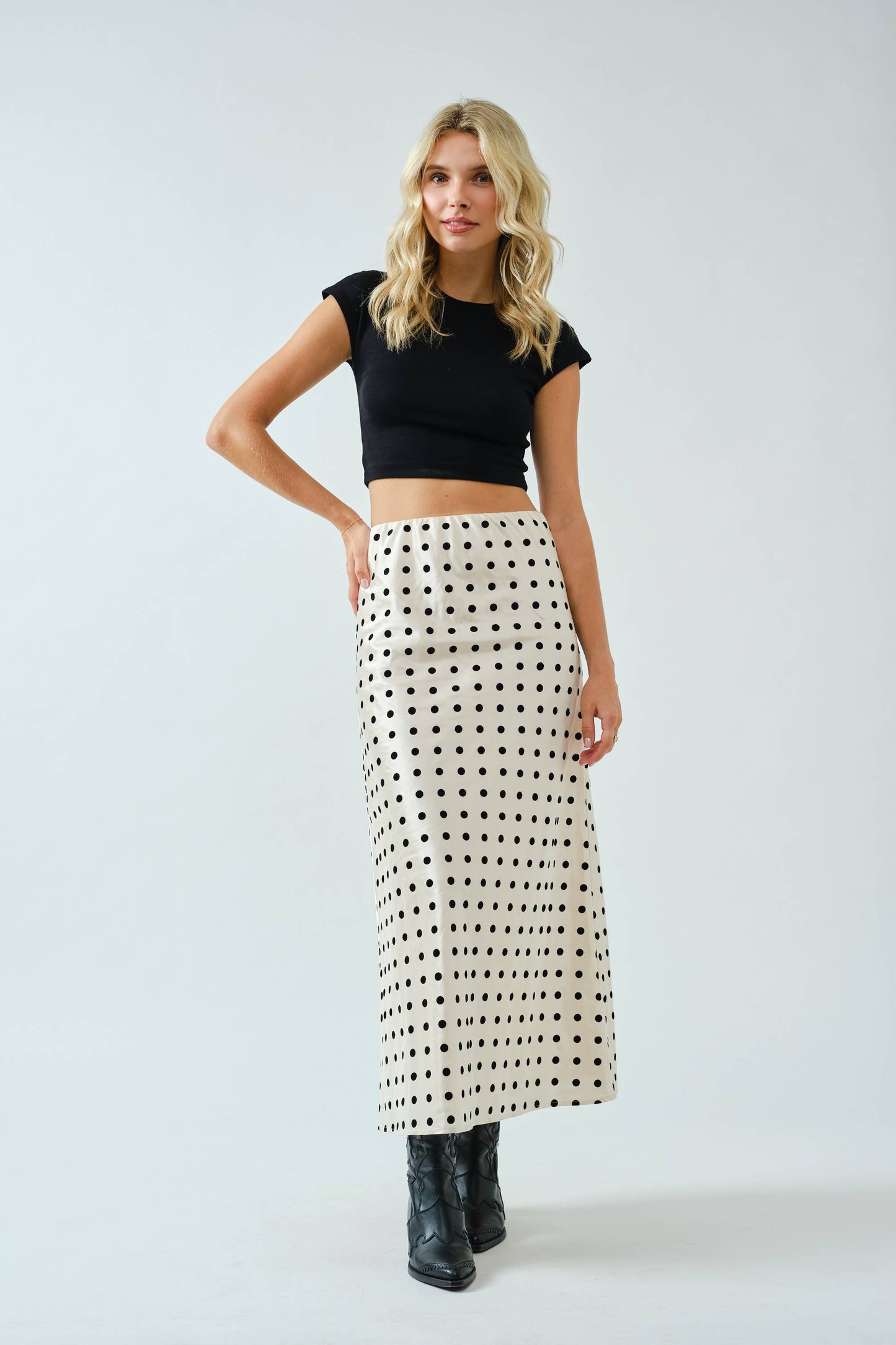 Polka Dot Satin Midi Skirt