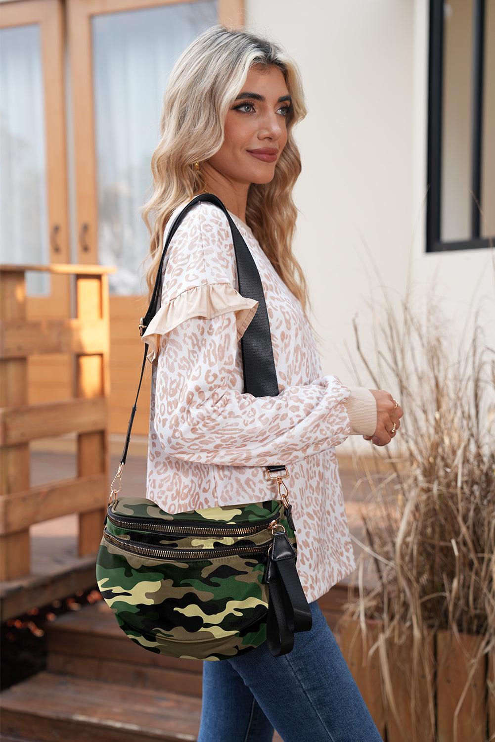 Medium Grey Abstract/ Camouflage/ Polka Dot/ Leopard Print Double Zip Fashion Crossbody Bag
