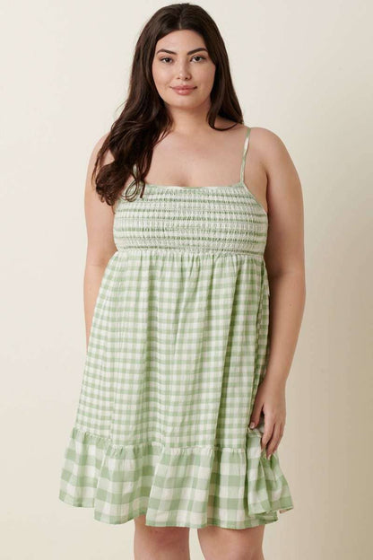 PLUS GINGHAM DECO SMOCK MINI DRESS