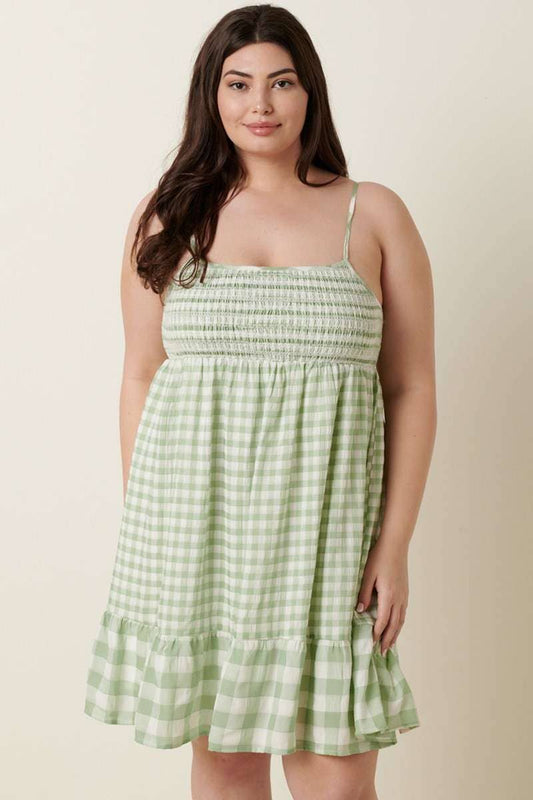 PLUS GINGHAM DECO SMOCK MINI DRESS