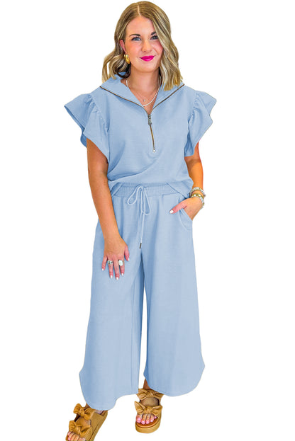 Black Textured Ruffle Sleeve Zipped Top and Wide Leg Pants Set
