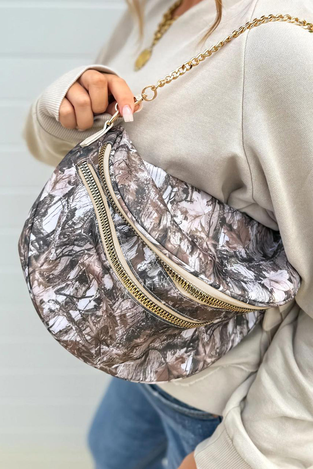 Medium Grey Abstract/ Camouflage/ Polka Dot/ Leopard Print Double Zip Fashion Crossbody Bag