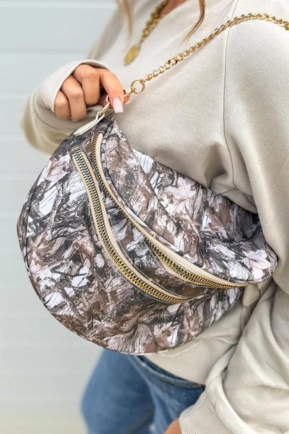Medium Grey Abstract/ Camouflage/ Polka Dot/ Leopard Print Double Zip Fashion Crossbody Bag