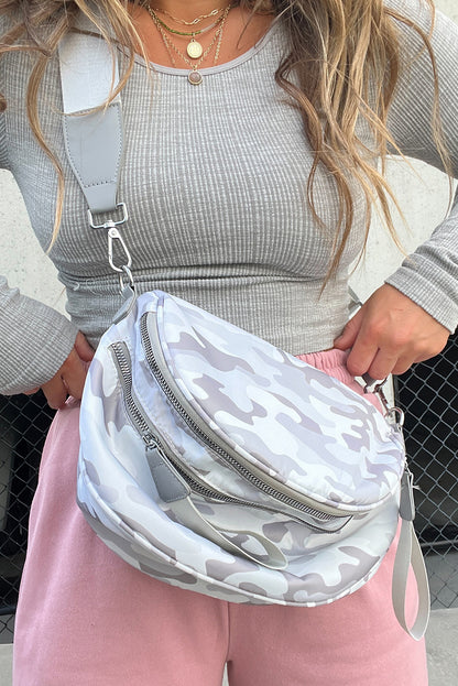Medium Grey Abstract/ Camouflage/ Polka Dot/ Leopard Print Double Zip Fashion Crossbody Bag