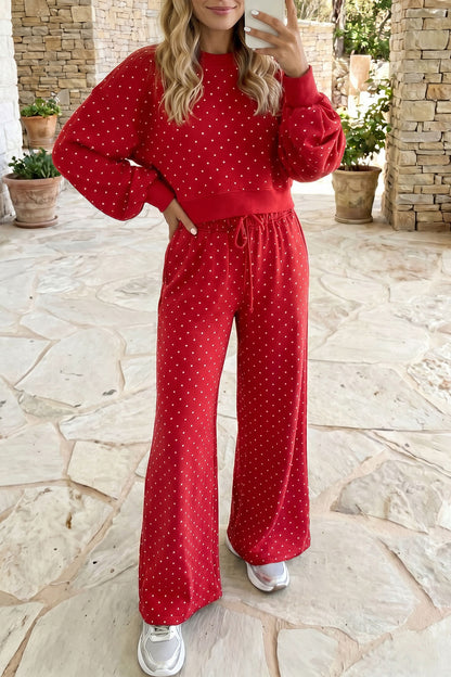 Brown Polka Dot Drawstring Wide Leg Long Sleeve Top Pant Set