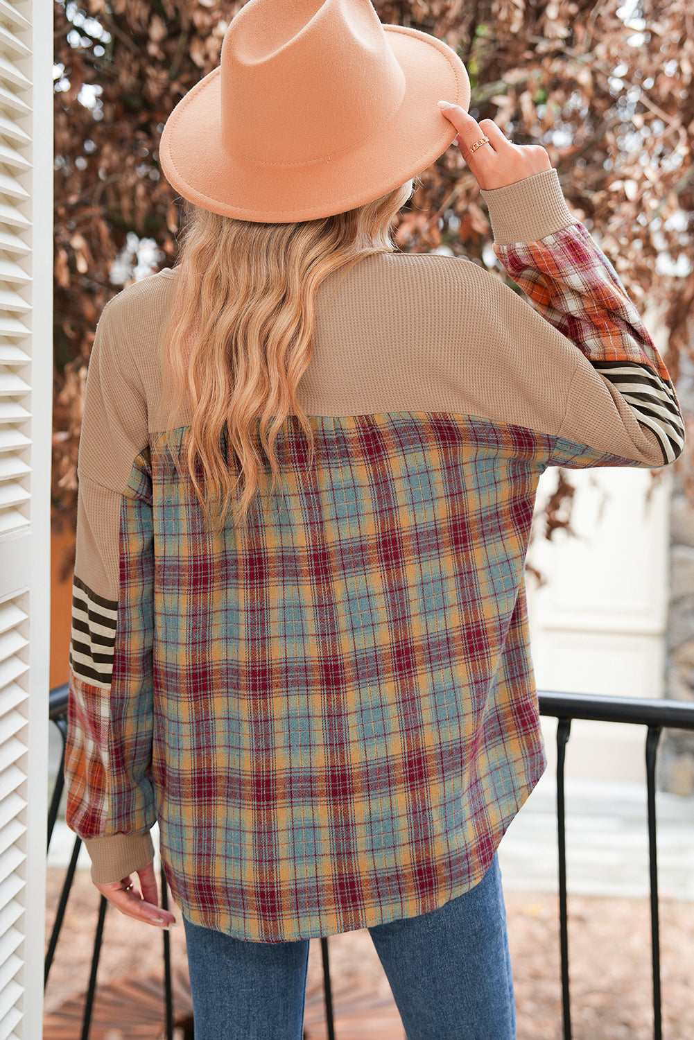 Beige Waffle Stripe Plaid Patchwork Henley Top
