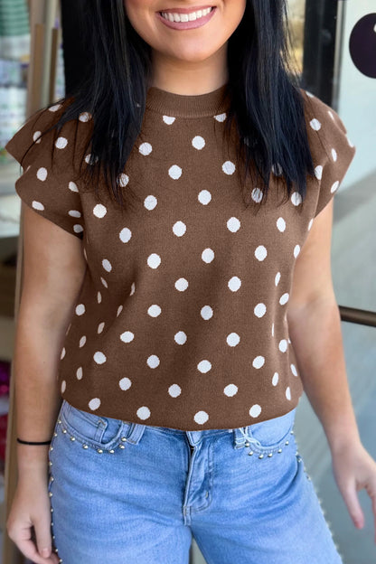 Brown Dolman Short Sleeve Round Neck Polka Dot Sweater