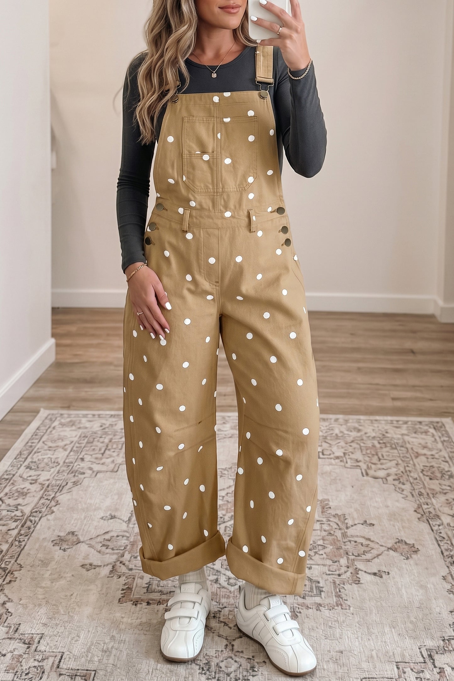 Phalaenopsis Polka Dot Print Bib Pocket Denim Barrel Overalls Jumpsuit