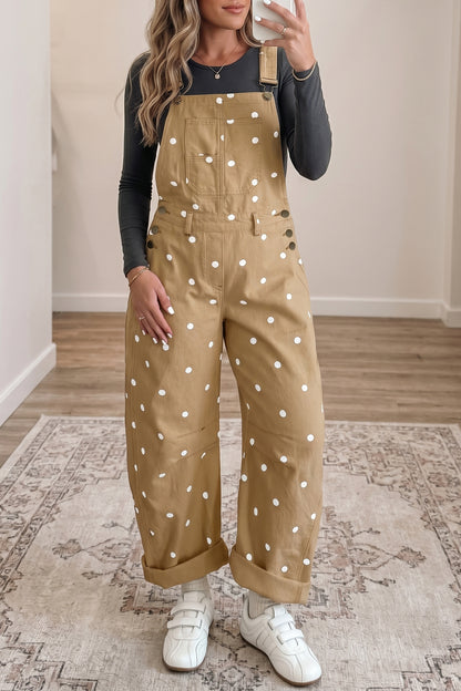 Phalaenopsis Polka Dot Print Bib Pocket Denim Barrel Overalls Jumpsuit