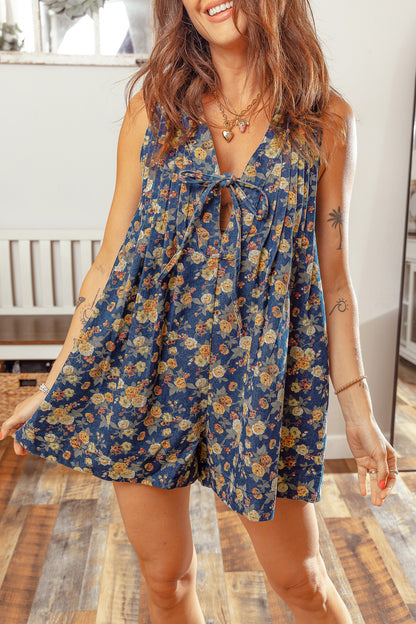 Blue Retro Floral Print Bow Tie V Neck Sleeveless Pleated Loose Denim Romper