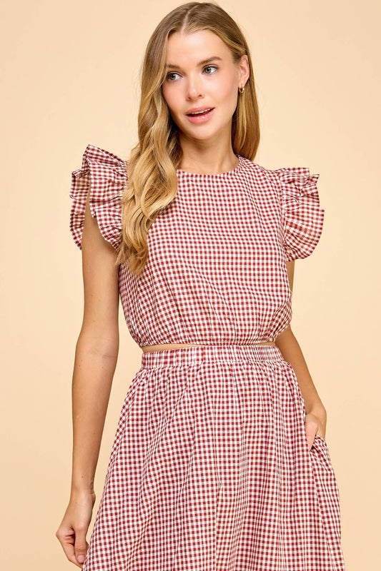 Gingham Ruffle Cap Sleeves Cropped Top