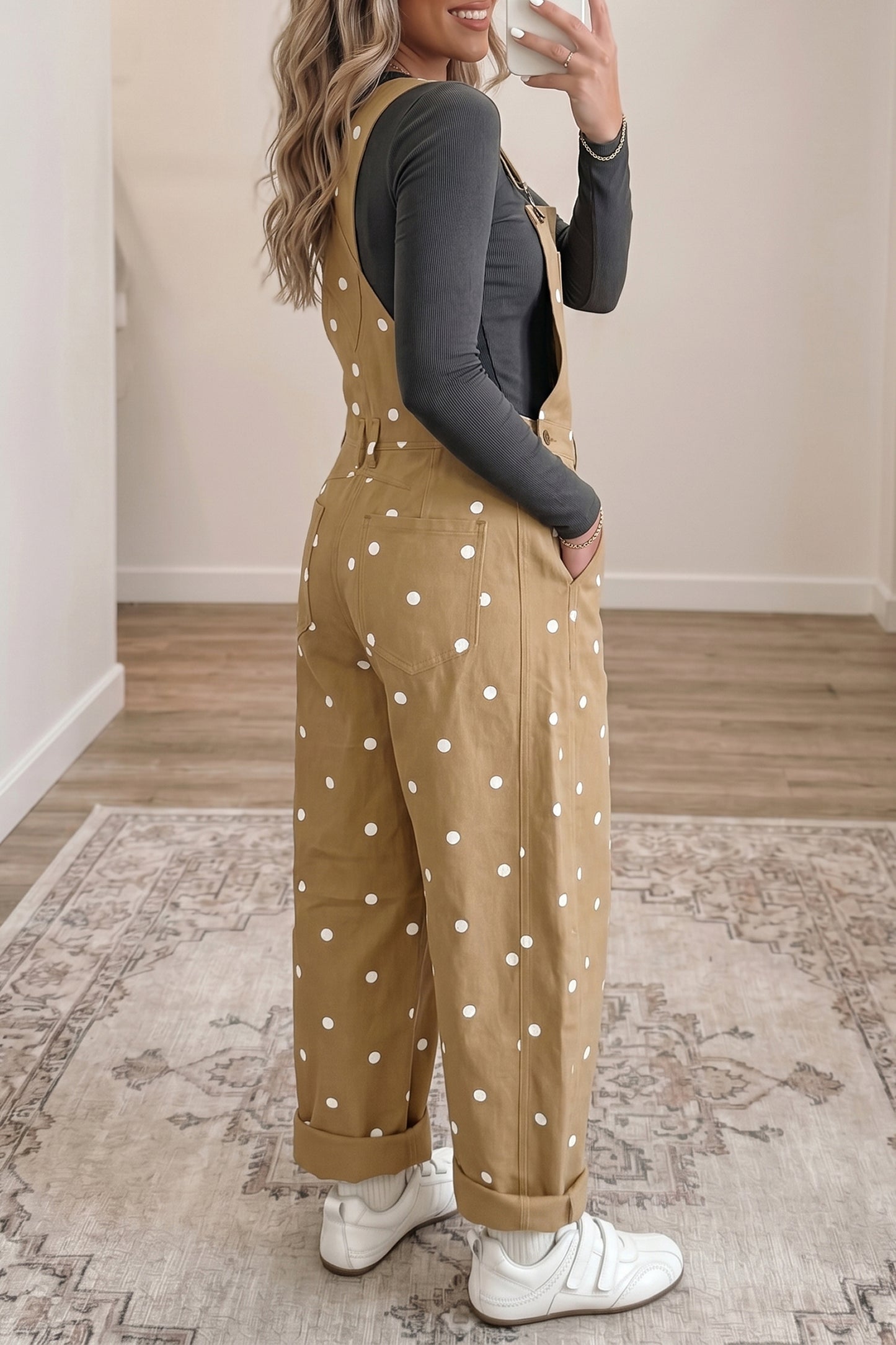 Phalaenopsis Polka Dot Print Bib Pocket Denim Barrel Overalls Jumpsuit