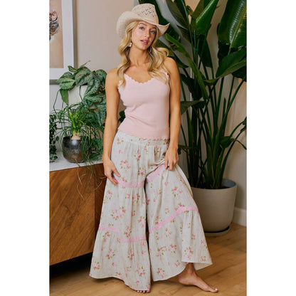 BIBI ROSE PRINTED GAUZE TRIM DETAIL SMOCKED MAXI PANTS