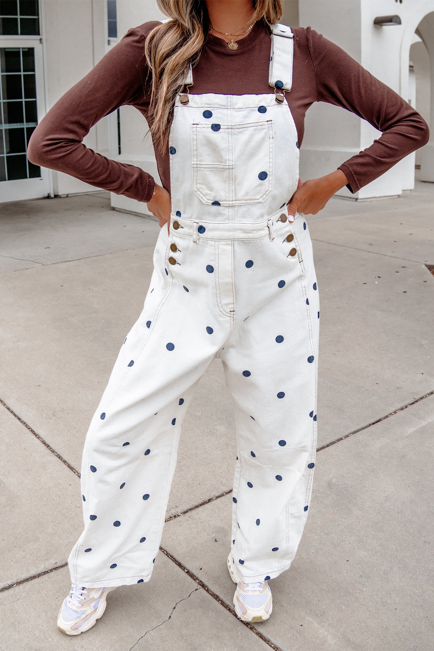 Phalaenopsis Polka Dot Print Bib Pocket Denim Barrel Overalls Jumpsuit