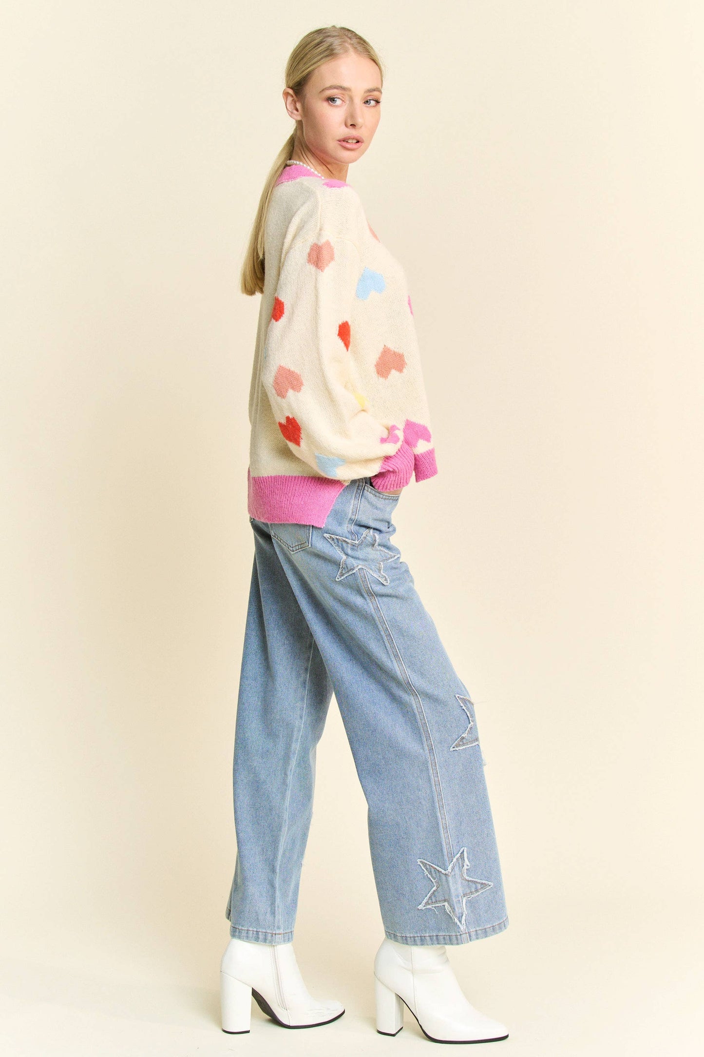 STAR PATCHWORK SIDE POCKET WIDE LEG DENIM PANTS