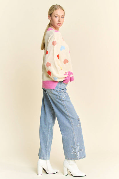 STAR PATCHWORK SIDE POCKET WIDE LEG DENIM PANTS