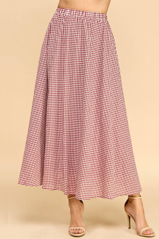 TCEC Gingham Print Elastic Waistband Maxi Skirt