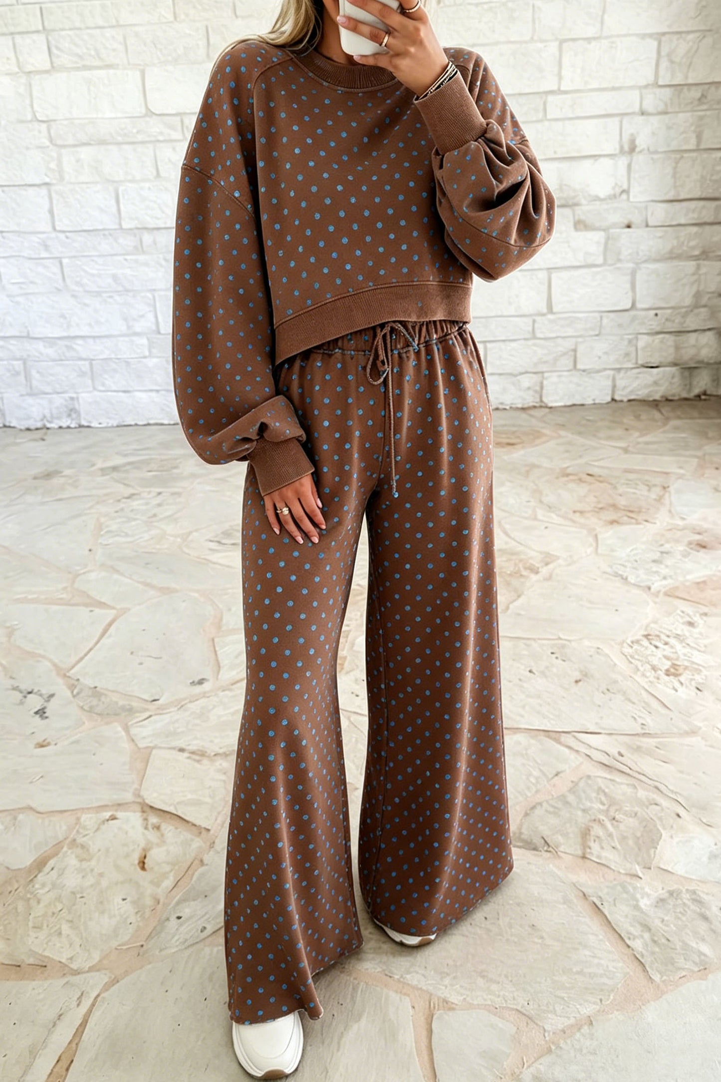 Brown Polka Dot Drawstring Wide Leg Long Sleeve Top Pant Set