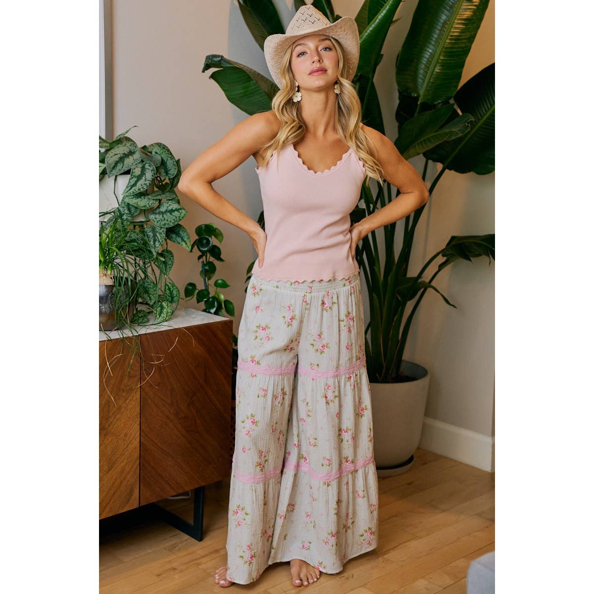 BIBI ROSE PRINTED GAUZE TRIM DETAIL SMOCKED MAXI PANTS