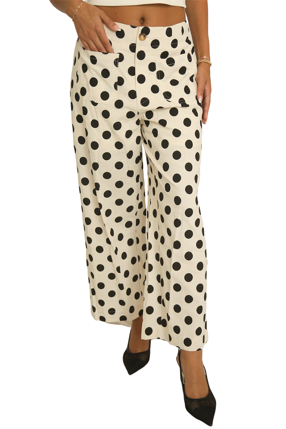 White Polka Dot Print Patched Pocket Mid-rise Straight Leg Pants