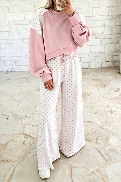 Khaki Polka Dot Patchwork Colorblock Long Sleeve Casual Two Piece Pants Set