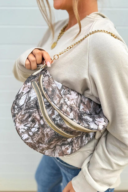 Medium Grey Abstract/ Camouflage/ Polka Dot/ Leopard Print Double Zip Fashion Crossbody Bag