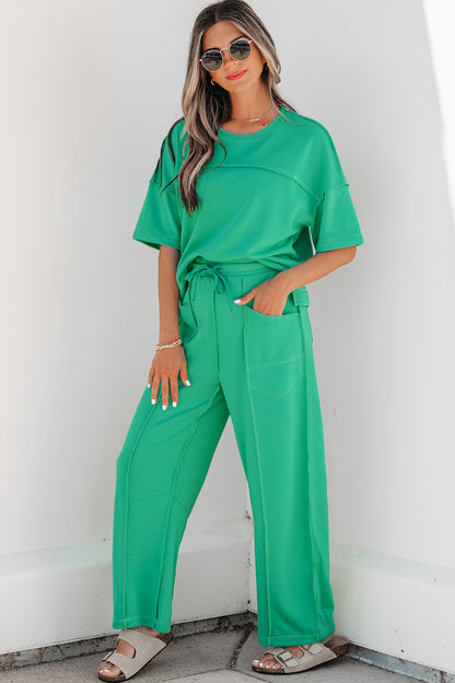 Rose Red Drop Shoulder Boxy Tee and Barrel Pants Set