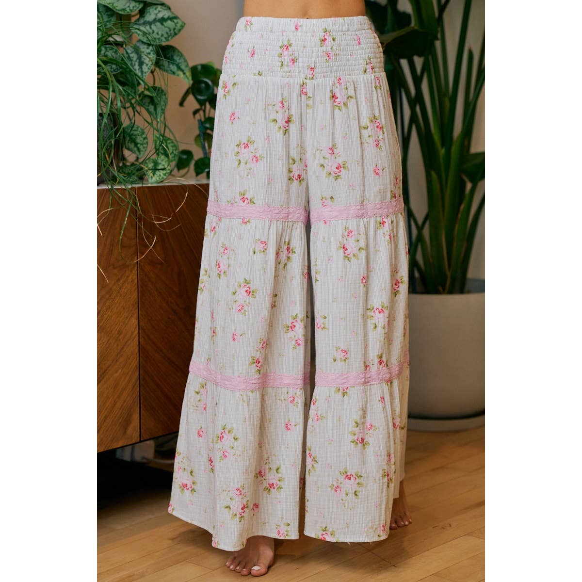 BIBI ROSE PRINTED GAUZE TRIM DETAIL SMOCKED MAXI PANTS