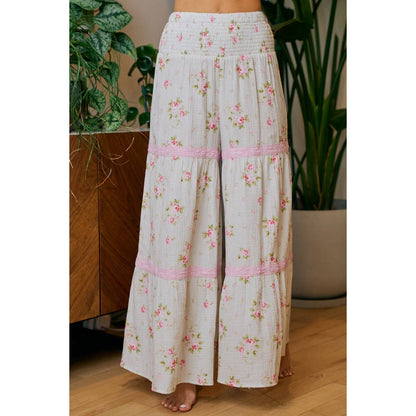 BIBI ROSE PRINTED GAUZE TRIM DETAIL SMOCKED MAXI PANTS
