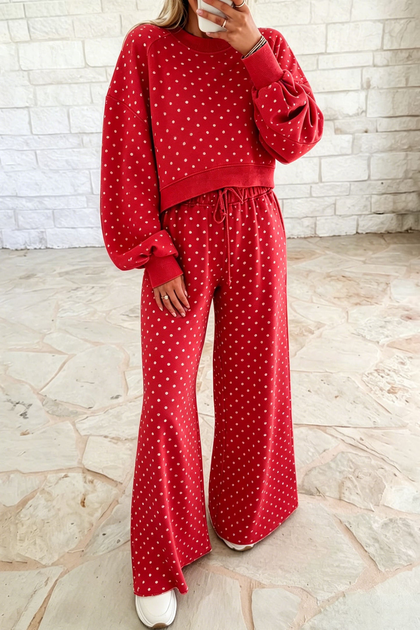 Brown Polka Dot Drawstring Wide Leg Long Sleeve Top Pant Set