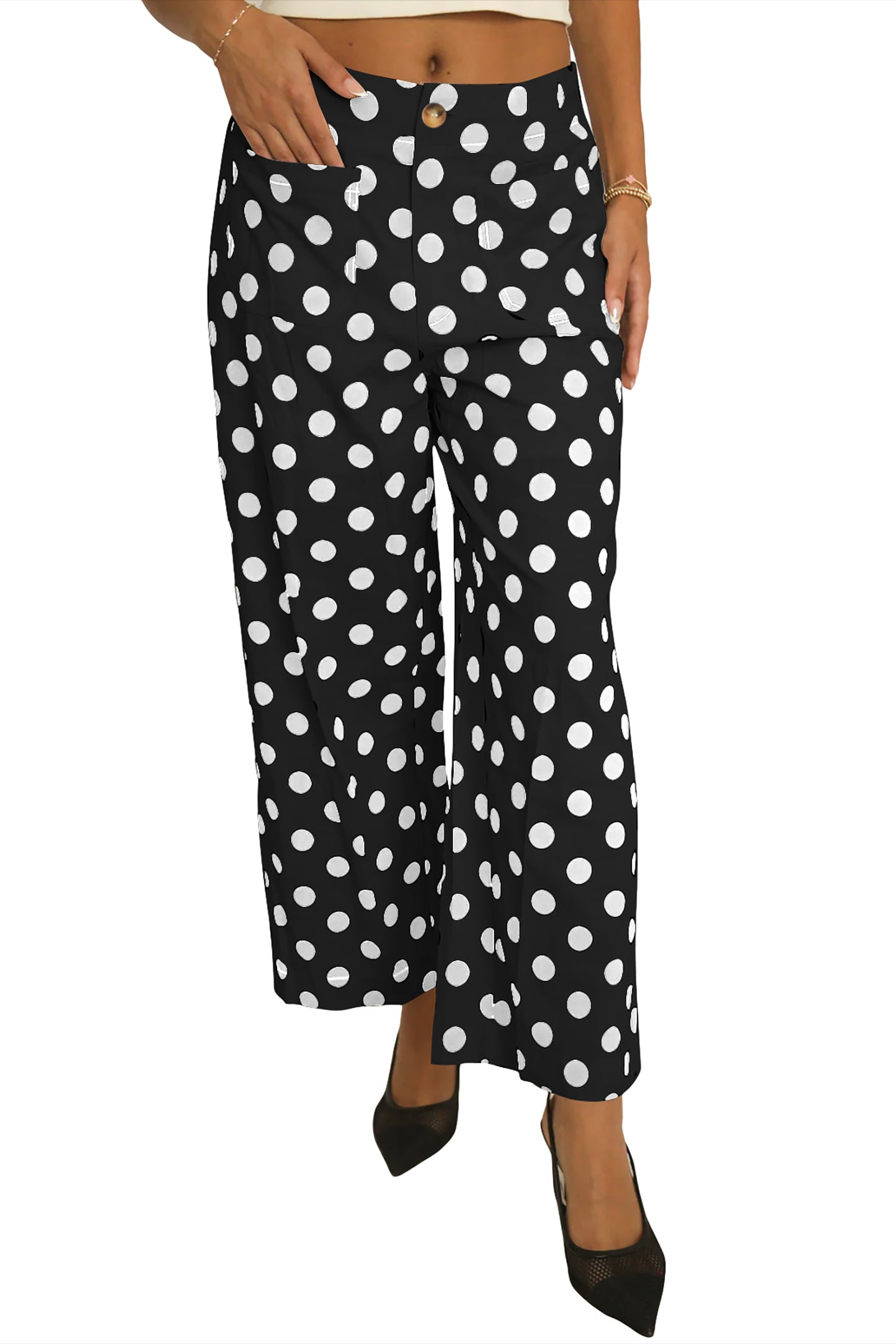 White Polka Dot Print Patched Pocket Mid-rise Straight Leg Pants