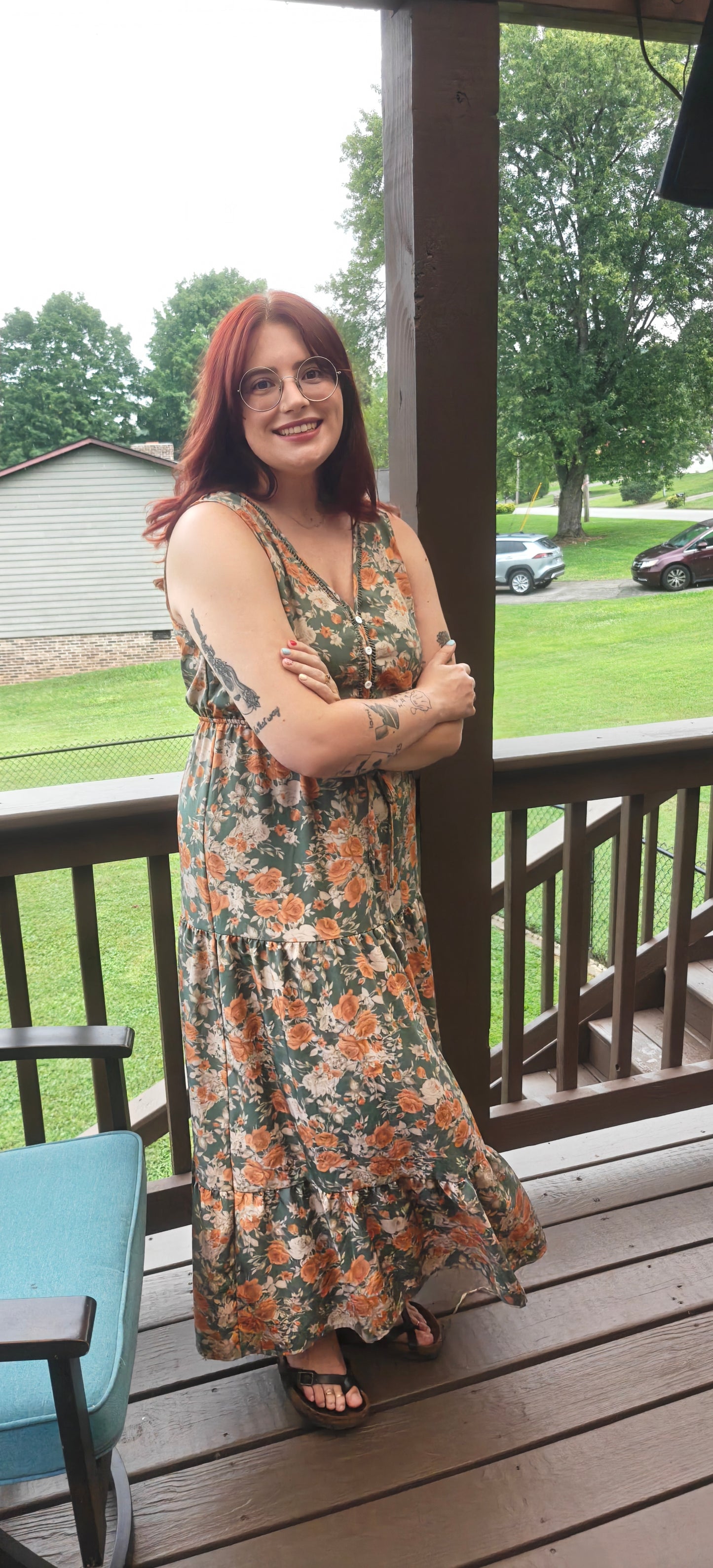 Green Floral Print Trimmed V Neck Tie Waist Sleeveless Holiday Long Dress
