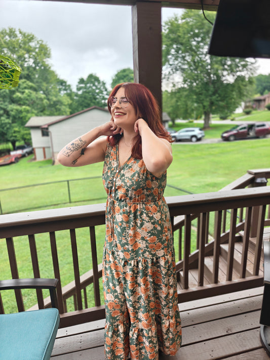 Green Floral Print Trimmed V Neck Tie Waist Sleeveless Holiday Long Dress
