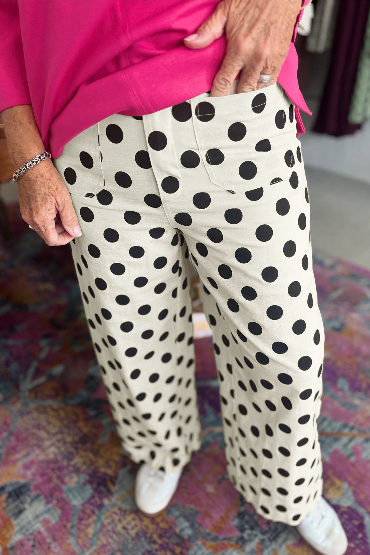White Plus Size Polka Dot Print Patch Pocket Womens Shift Pants