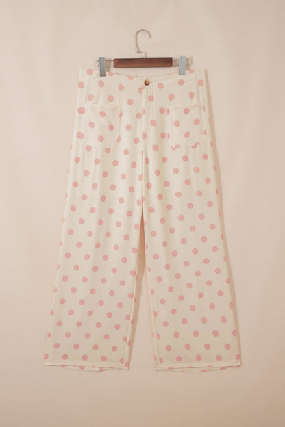 White Polka Dot Print Patched Pocket Mid-rise Straight Leg Pants