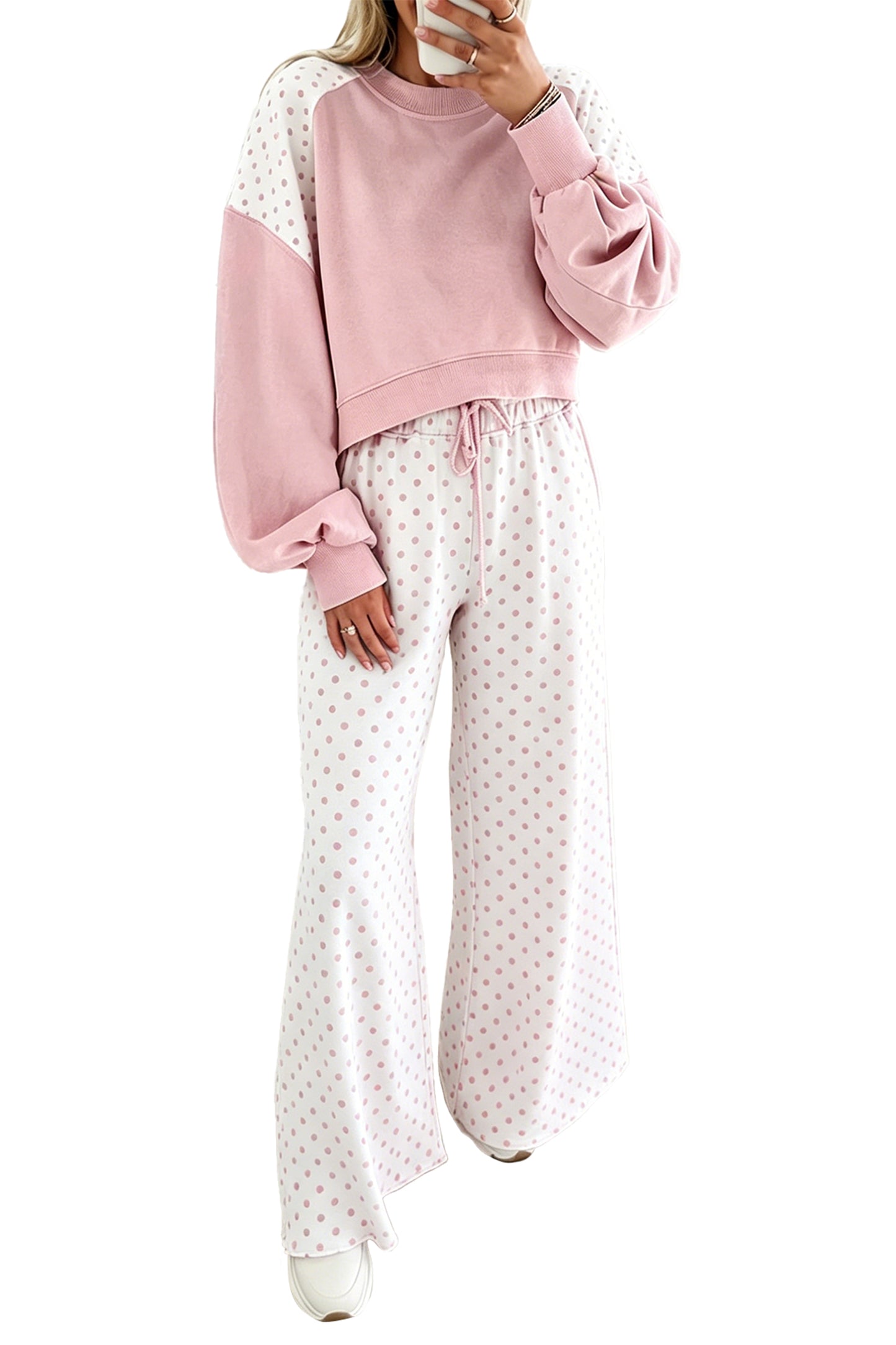 Khaki Polka Dot Patchwork Colorblock Long Sleeve Casual Two Piece Pants Set